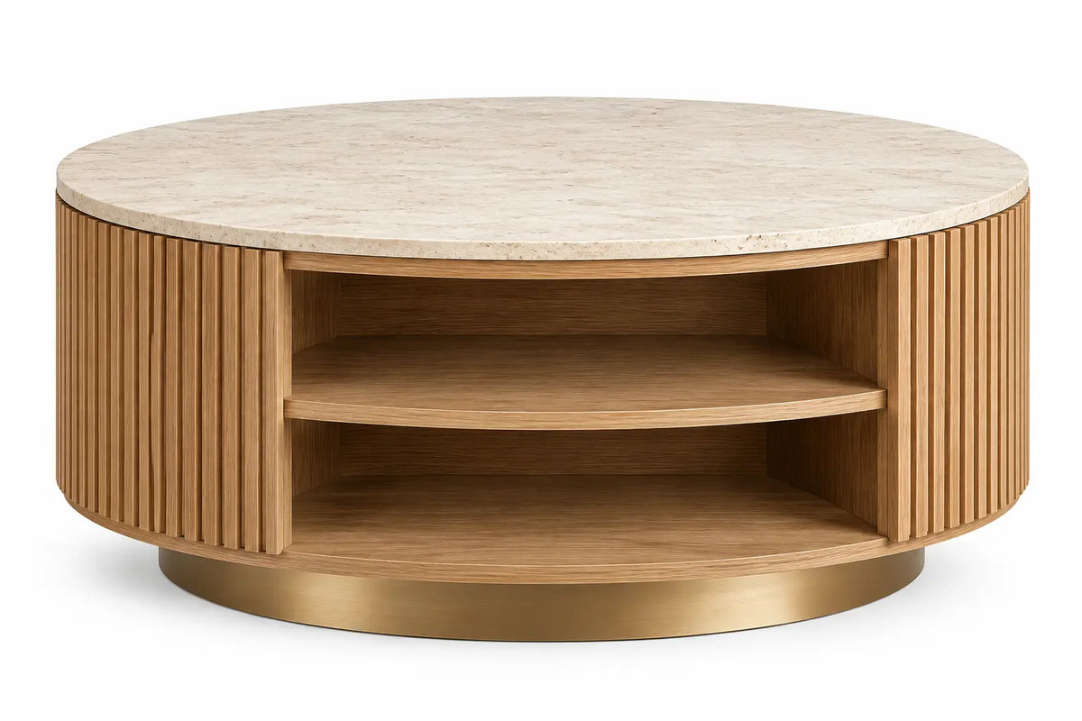 Table basse ronde beige à plateau clair, côtés striés et étagères