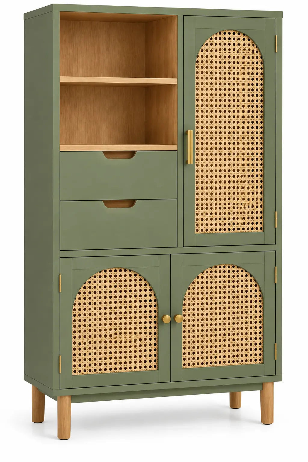 Armoire verte et beige à portes ajourées, niches et deux tiroirs
