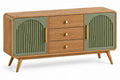 Buffet beige à portes vertes striées en arche et trois tiroirs