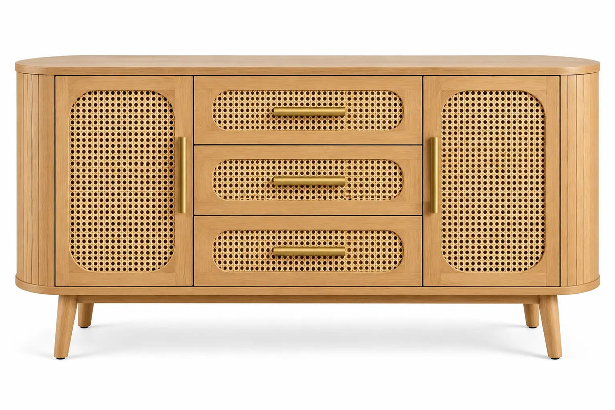 Buffet beige à deux portes et trois tiroirs avec façades tressées
