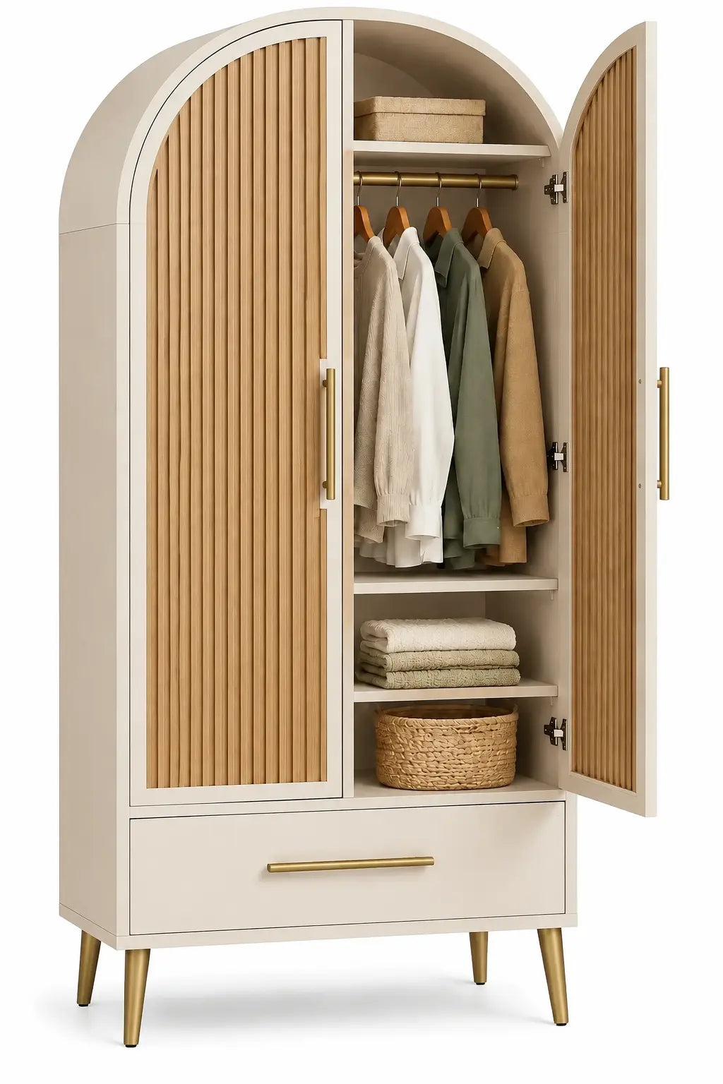 Armoire crème et beige en arche avec penderie et tiroir bas