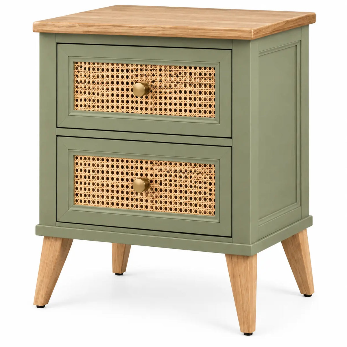 Table de chevet verte à deux tiroirs tressés et plateau beige
