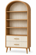 Bibliothèque beige en arche avec fond crème strié et deux tiroirs