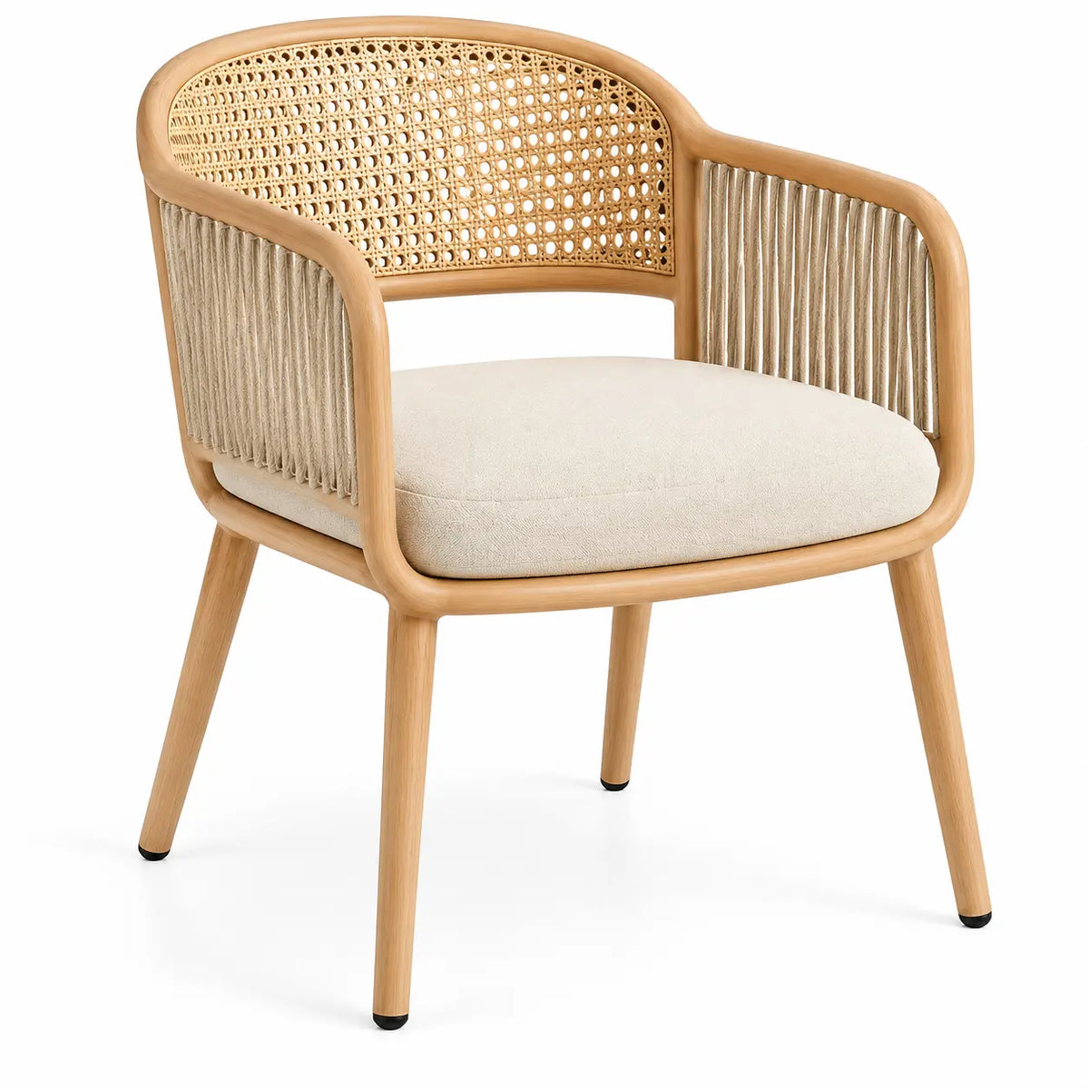 Chaise beige à dossier tressé, côtés ajourés et assise claire