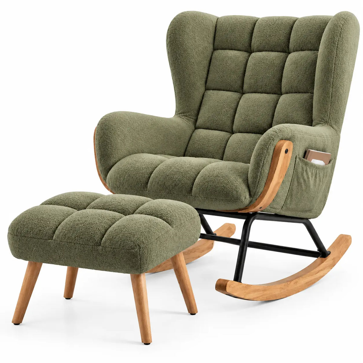 Fauteuil à bascule vert capitonné avec repose-pieds assorti