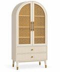 Armoire crème cintrée à deux portes tressées et deux tiroirs striés