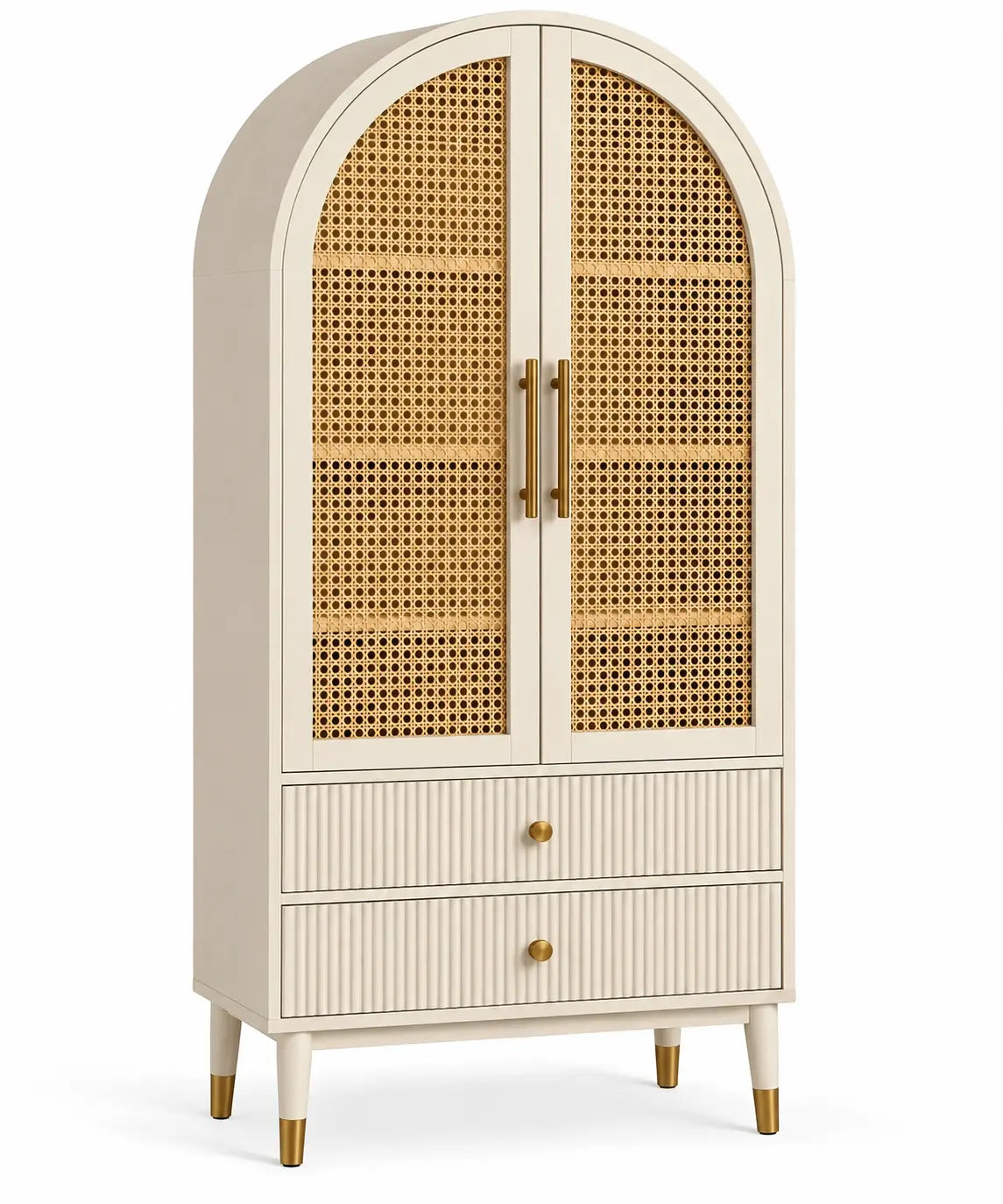 Armoire crème cintrée à deux portes tressées et deux tiroirs striés