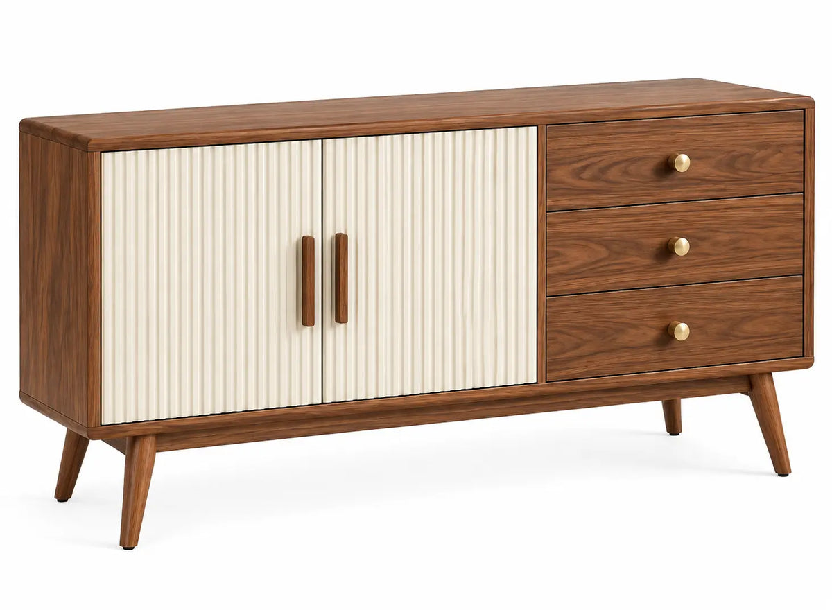 Buffet marron à deux portes crème striées et trois tiroirs