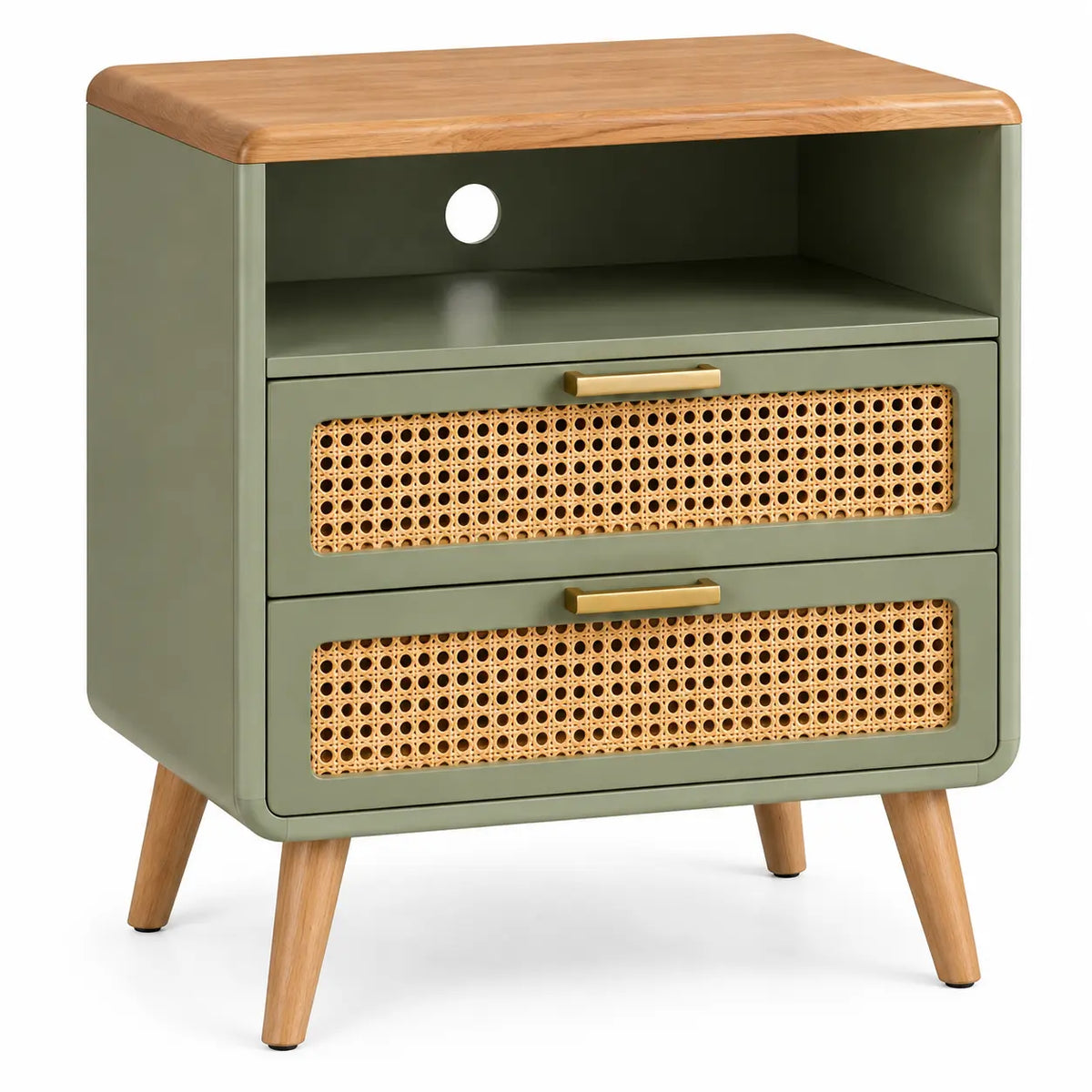 Table de chevet verte et beige avec niche et deux tiroirs tressés