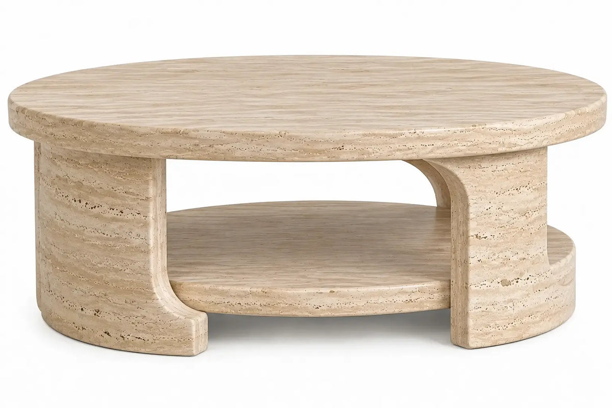 Table basse ronde beige à effet minéral et plateau inférieur