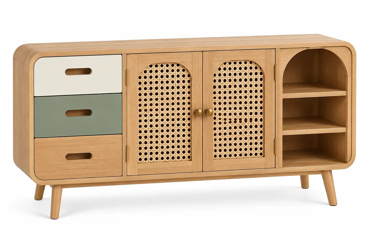 Buffet beige arrondi à portes tressées, trois tiroirs et niches