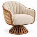 Fauteuil beige à dossier rainuré, coque ajourée et socle conique