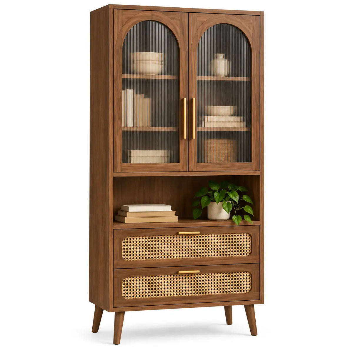Vitrine marron à portes vitrées cintrées et deux tiroirs ajourés